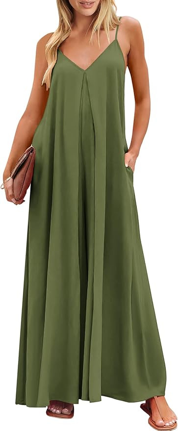 ANRABESS Women's Summer Casual Spaghetti Strap V Neck Oversized Wide Leg Jumpsuit Pockets Beach T... | Amazon (US)