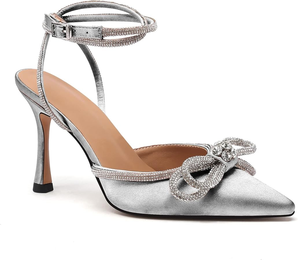 JANSEVEN Rhinestone Bow Heels Black Satin Bowknot Heeled Sandals For Women Ankle Strap Pumps Knot... | Amazon (US)