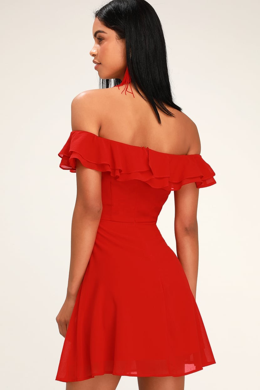Win Your Heart Red Ruffle Off-the-Shoulder Skater Dress | Valentines Day Date | Easter Dress | Lulus (US)
