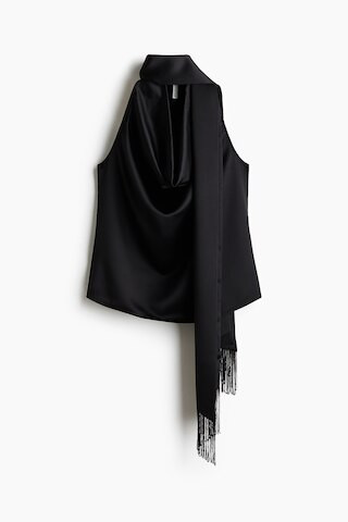 H & M - Scarf-Detail Satin Top - Black | H&M (US + CA)