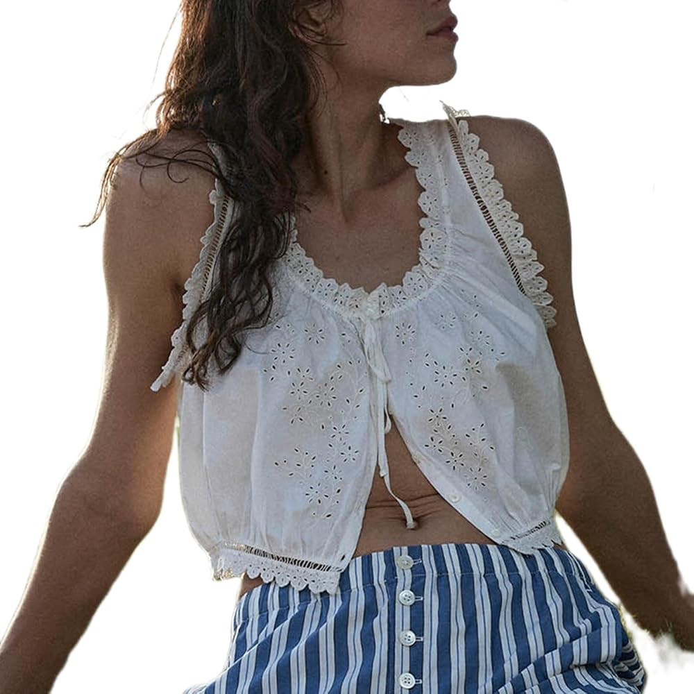 Women Floral Print Tank Top Cute Ruched Open Front Crop Shirt Sleeveless Pleated Ruffle Tank Top ... | Amazon (US)