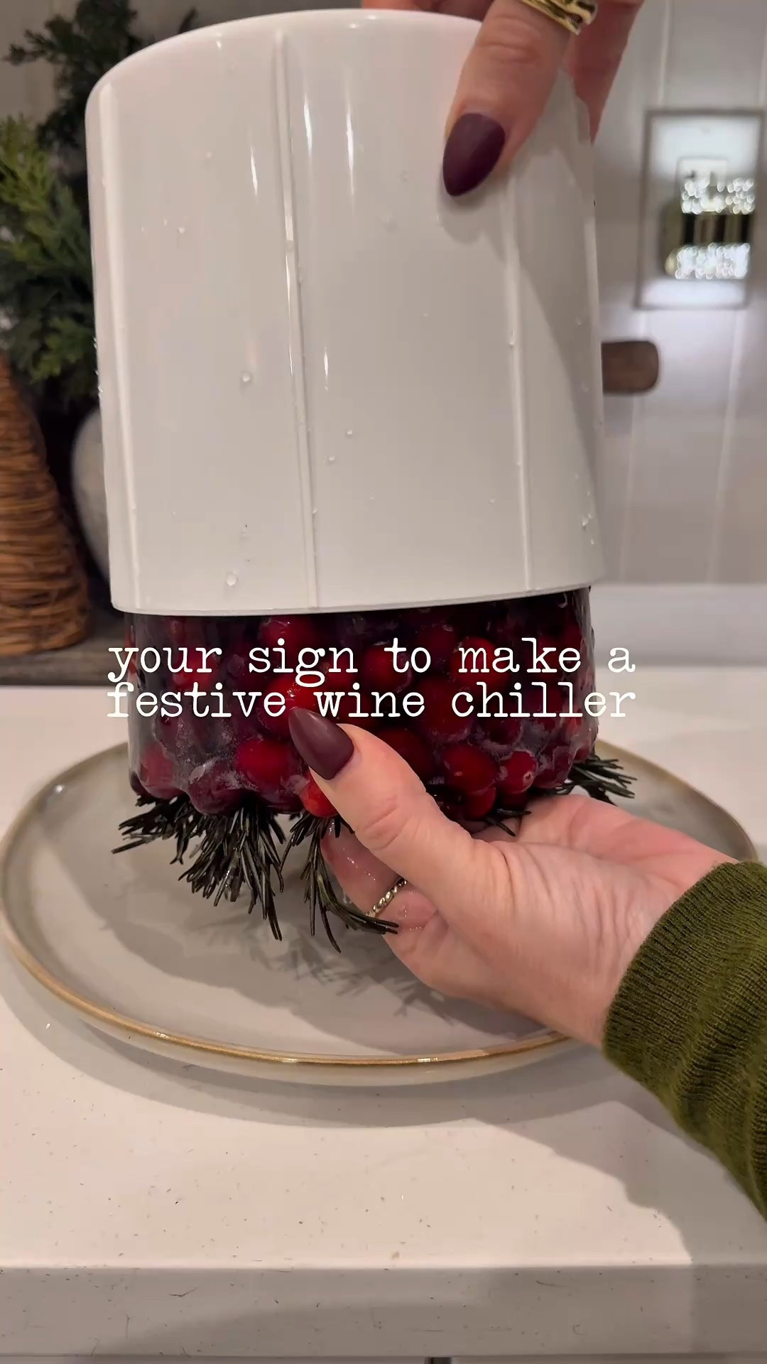 So festive and simple to make.. perfect for a holiday get together✨
Wine bottle ice mold… made with fresh cranberries and rosemary. 
Makes such a pretty presentation and will keep our Prosecco chilled all evening long✨

