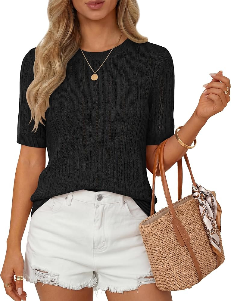 ZESICA Womens Summer Short Sleeve Knit Tops 2026 Crewneck Crochet Sweater Tops for Women Casual T... | Amazon (US)