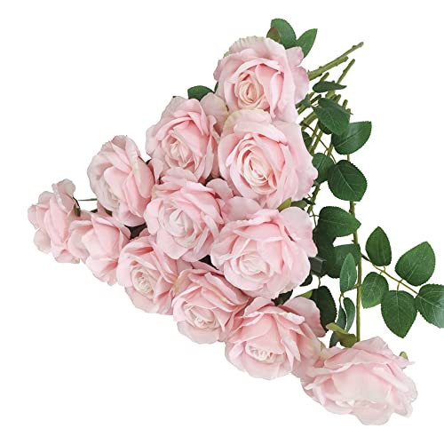 ATFL 12 Pcs Light Pink Roses Artificial Flowers, Faux Baby Pink Flowers Bulk,Floral Diameter 4'',Artificial Fake Silk Plastic Roses Flowers with Stems for Wedding,Flores Artificiales para Decoracion | Amazon (US)