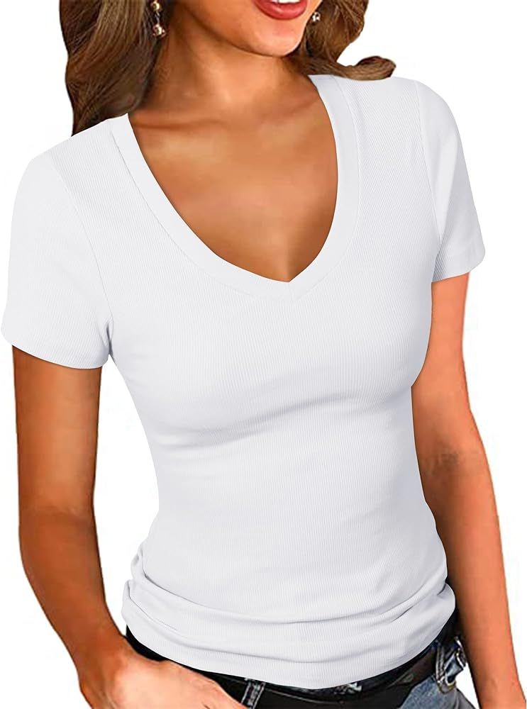 PALINDA Women's Short Sleeves Ribbed Fitted Shirt Basic V Neck Slim T Shirt Tops | Amazon (US)