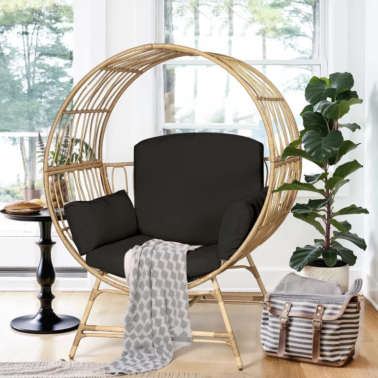 Bifanuo Contemporary Steel Removable Cushions Wicker Outdoor Round Egg Chair with Cushions, YE-BK | Walmart (US)