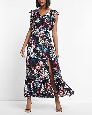 Satin Floral Print Ruffle Sleeve Maxi Dress | Express