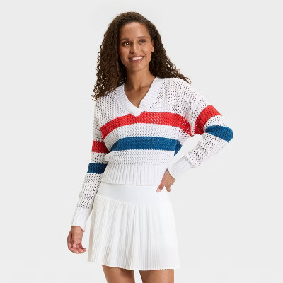 Women's Striped V-Neck Sweater - JoyLab™ White L | Target