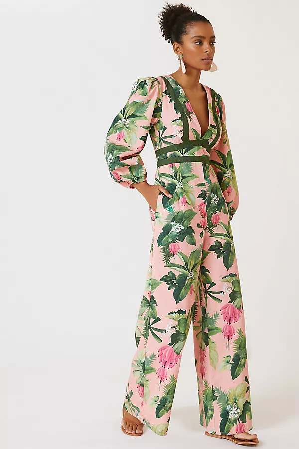 Farm x Anthropologie Deep-V Jumpsuit By Farm Rio in Pink Size XL | Anthropologie (US)