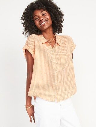 Short-Sleeve Oversized Cropped Crinkled Gingham Shirt for Women | Old Navy (US)