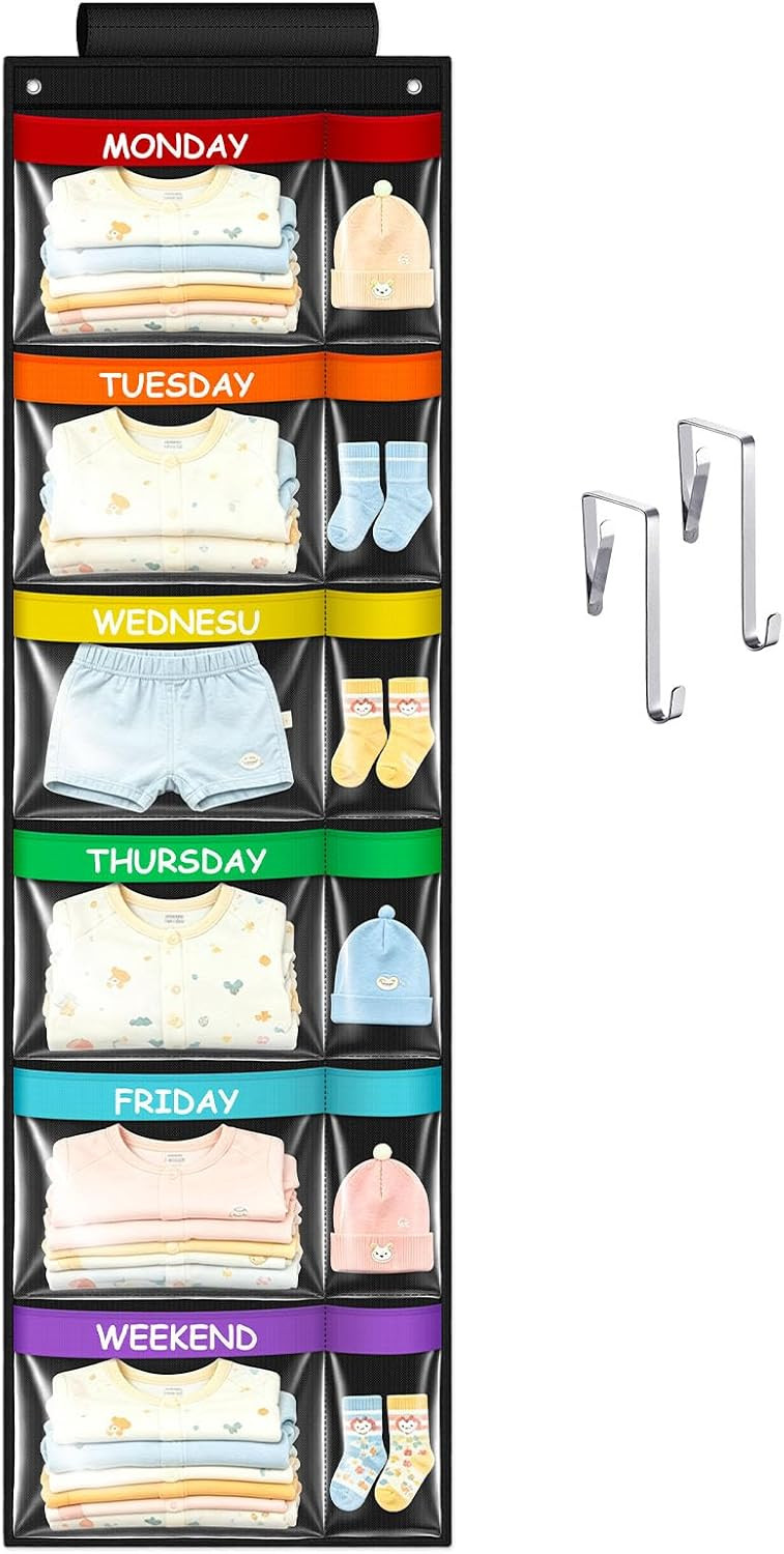 ABCKEY Weekly Kids Clothes Organizer,6-Shelf Kids Clothes Organizer with Labels for Monday to Friday,Over the Door or Wall Mount for Home,Dorm,Bedroom (Black) | Amazon (US)