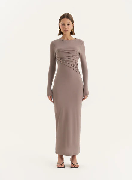 Beige Bust Detail Long Sleeve Maxi Dress- Xavier | 4th & Reckless