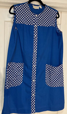 Komar House Dress Vintage Snap Front Kaftan Sleeveless Blue Gingham Two Pockets | eBay US