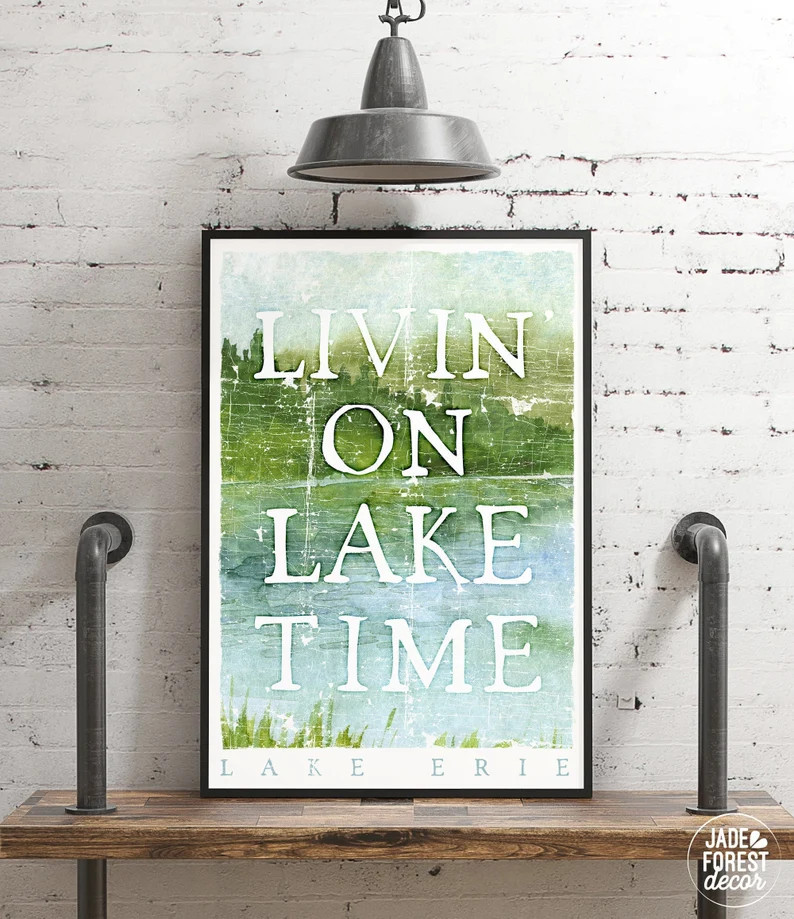 large lake house sign > vintage "living on lake time" art print, framed canvas watercolor wall ar... | Etsy (US)