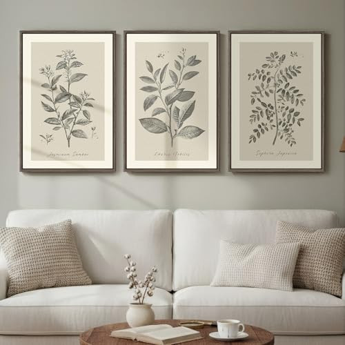 Framed Vintage Botanical Wall Art, 3 Piece Neutral Floral Plants Canvas Painting Prints Artwork for Living Room, Rustic Flowers Pictures for Farmhouse Bedroom Kitchen Dining Room Home Decor, 16x24 | Amazon (US)