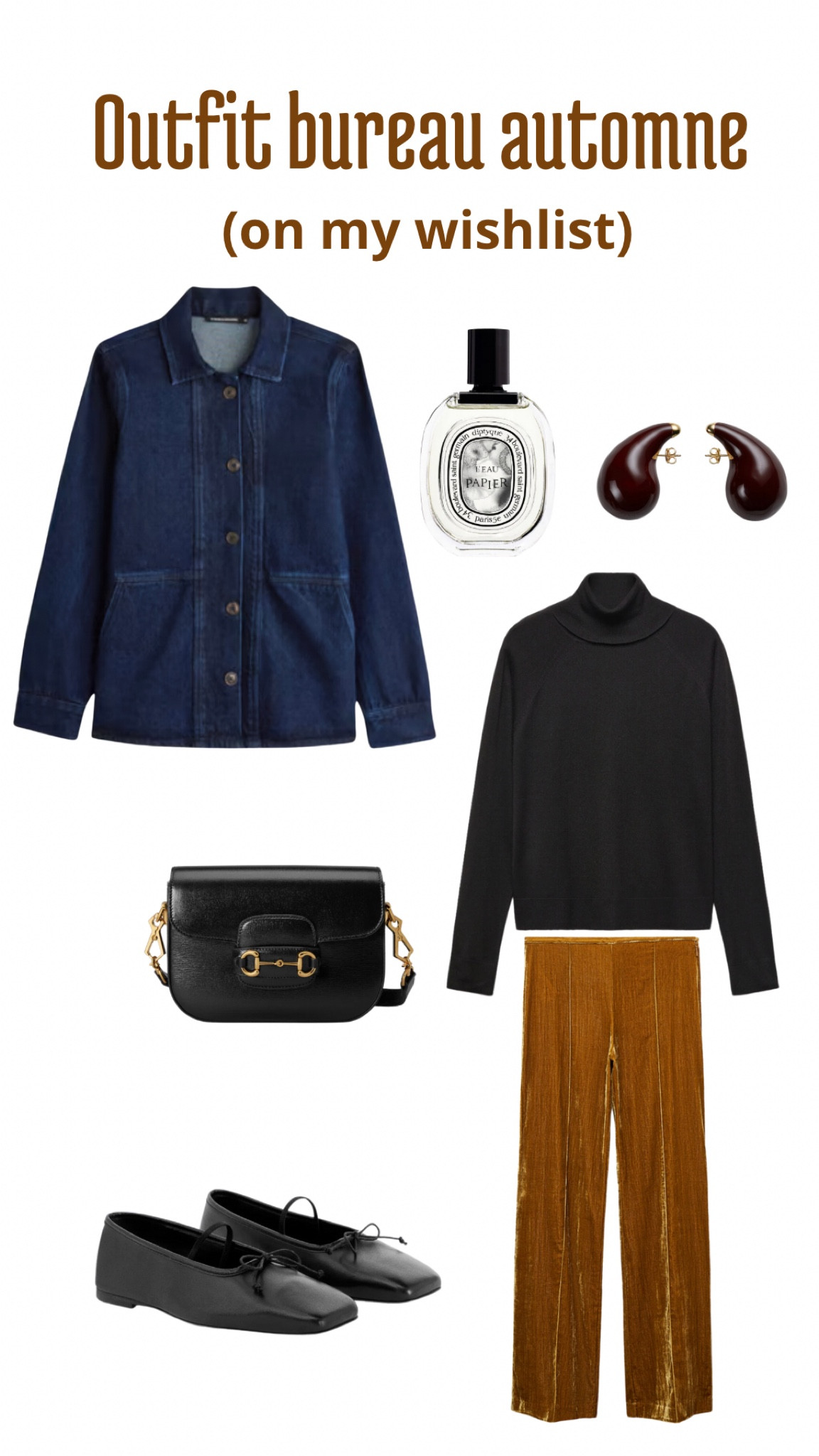 Outfit pour bureau en automne 🍂 Les indispensable ballerines, veste en jean et pantalon en velours. #vesteenjean #vestedenim #vestedenimfonce #sacgucci #sacamain #guccibag #guccihorsebit #horsebit #denimjacket #velvettrousers #colroule #diptyque #parfum #earings #bouclesd’oreille #bottegaveneta 

#LTKstyletip #LTKSeasonal #LTKeurope
