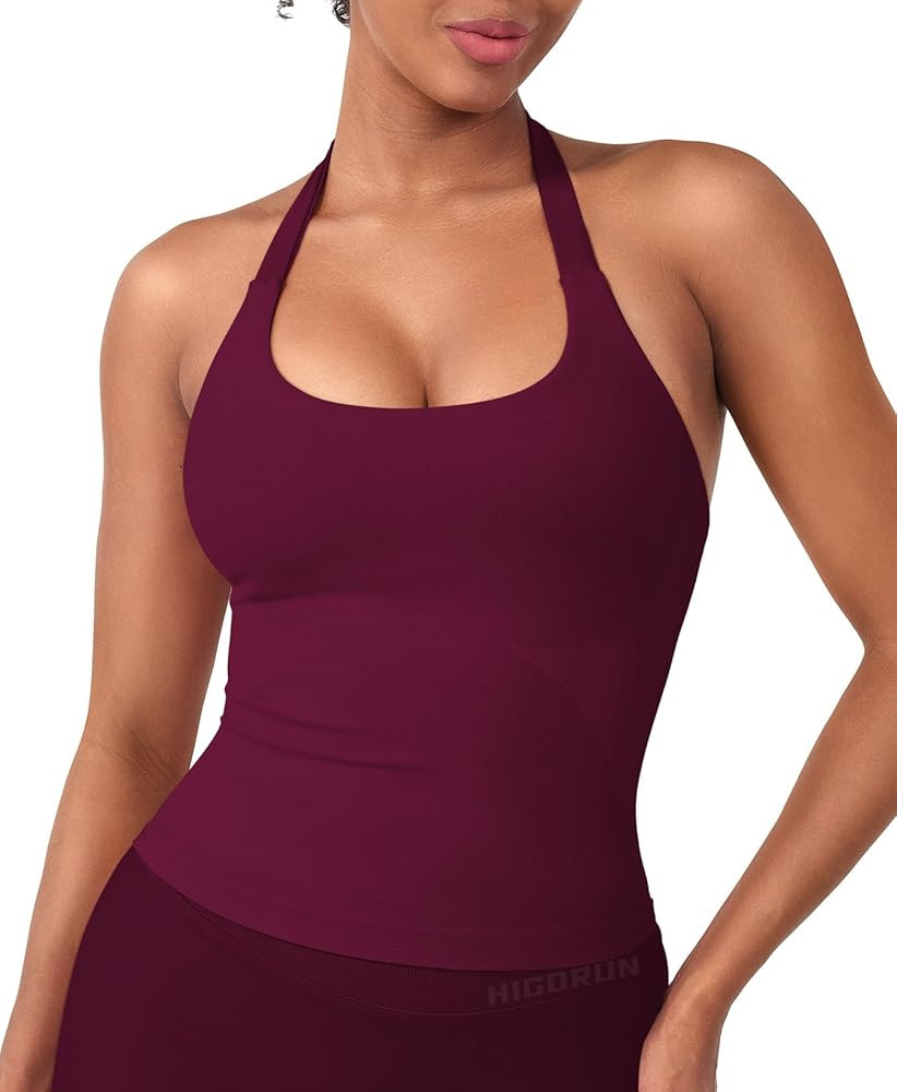HIGORUN Women Halter Impact Tank Tops with Built in Bras Longline Crop Top | Amazon (US)