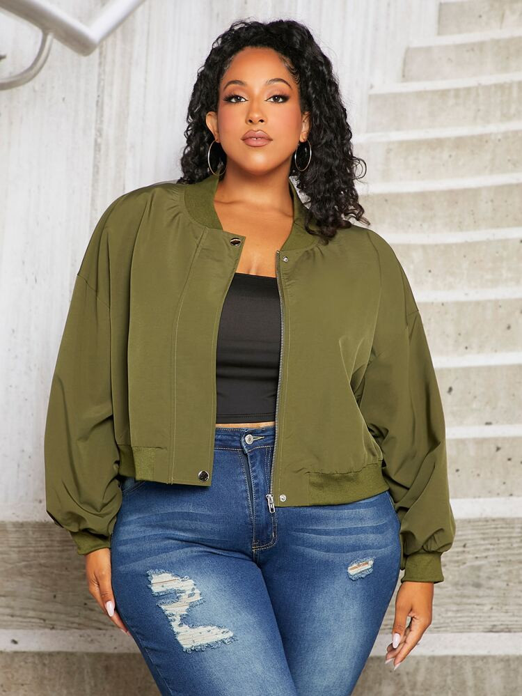 SHEIN FIT+ Plus Drop Shoulder Zip Up Bomber Jacket | SHEIN