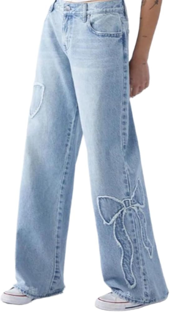 Women's Straight Leg Bow Jeans High Rise Loose Denim Jeans Y2K Low Bow Frayed Edge Baggy Pants Li... | Amazon (US)