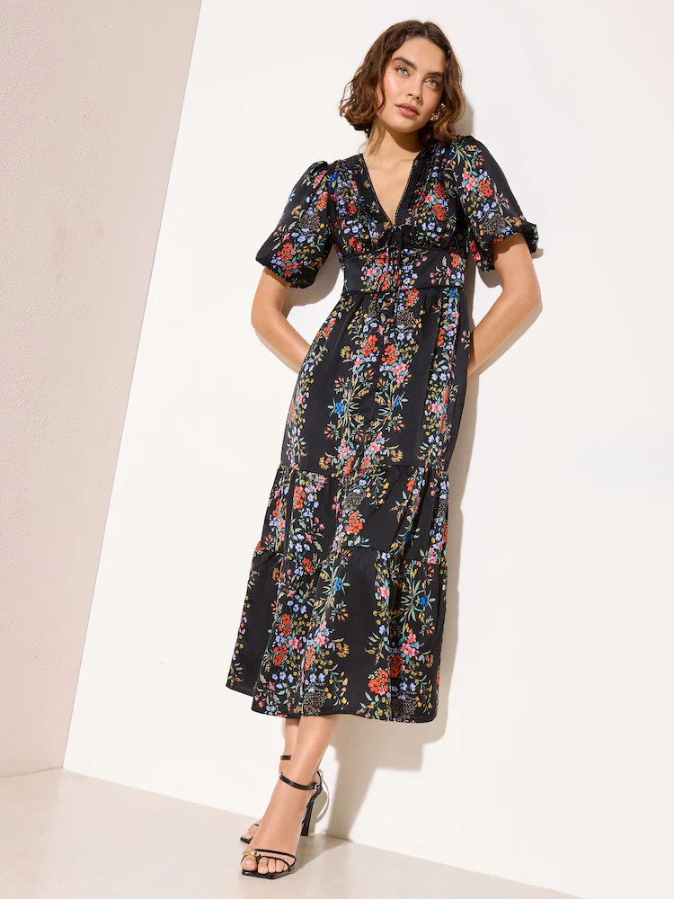 Friends Like These Black V-Neck Short Sleeve Tie Front Midi Dress | Next US