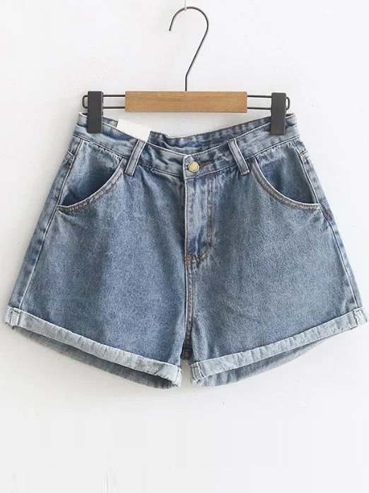 Blue Rolled Hem High Waist Denim Shorts | SHEIN