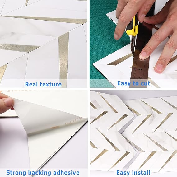 STICKGOO 10-Sheet Herringbone Tile Peel and Stick Backsplash, White Marble PVC Mixed Metal Gold S... | Amazon (US)