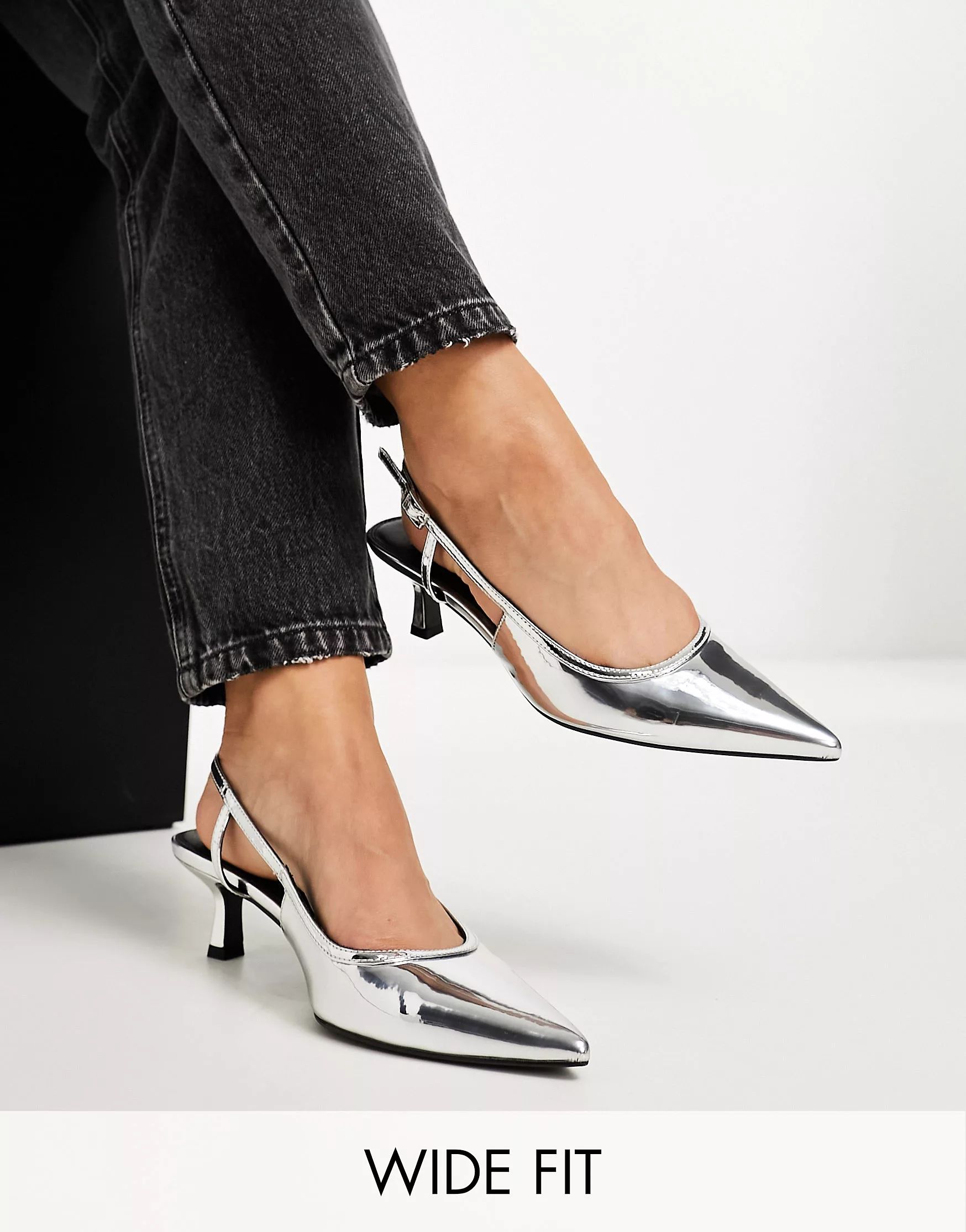 ASOS DESIGN Wide Fit Strut slingback kitten heeled shoes in silver | ASOS (Global)