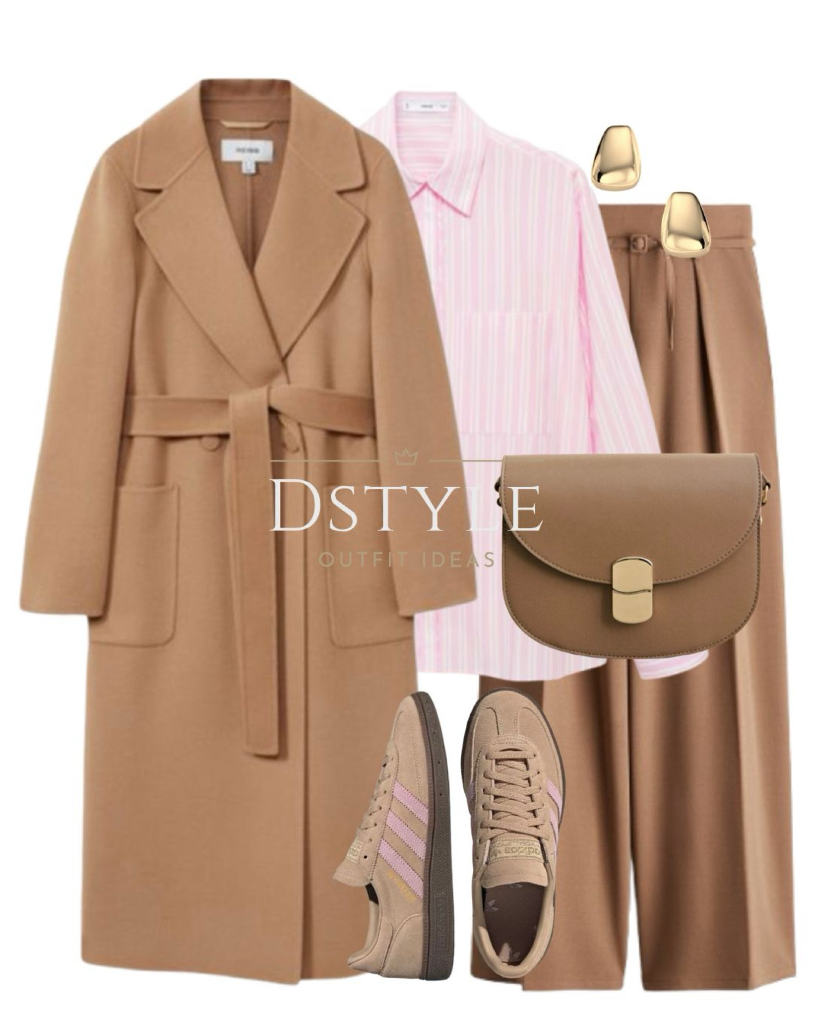 Pink shirt, light camel wool blend coat, dark beige wide trousers, Adidas Spezial Sand/ pink, taupe leather bag, workwear, office look, spring style 

 

#LTKWorkwear #LTKShoeCrush #LTKItBag