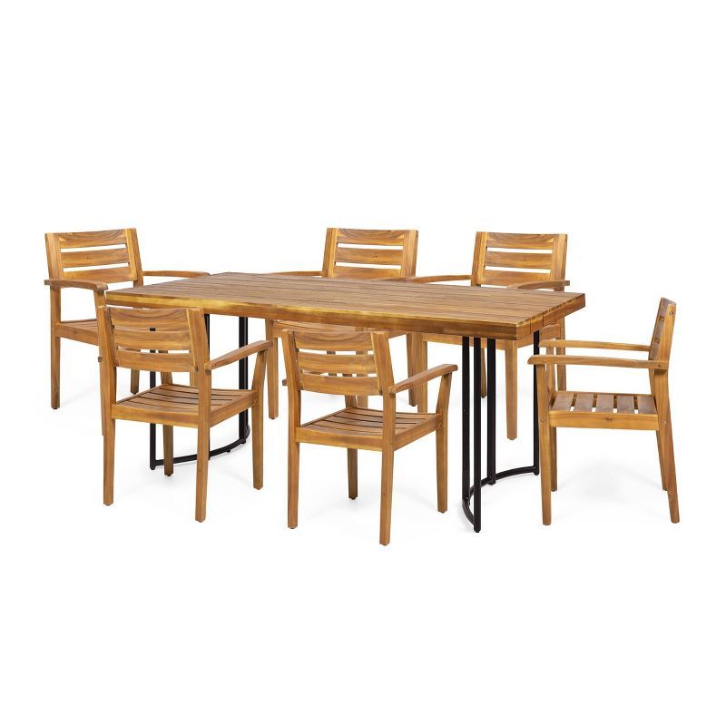 Noah 7pc Outdoor Modern Industrial Acacia Wood Dining Set - Teak/Black/Dark Brown - Christopher K... | Target