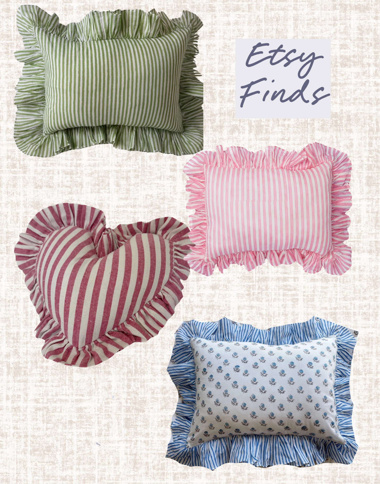 The cutest handmade ruffle pillows! These are so cute for a cottage core or grand millennial aesthetic! Would be great addition to nursery or little girls room.

Grand millennial, cottage core, scalloped, ruffle pillows, stripe pillows, nursery decor, little girl room, Etsy finds, handmade, Valentine’s Day, French country 

#LTKhome #LTKsalealert #LTKfindsunder100