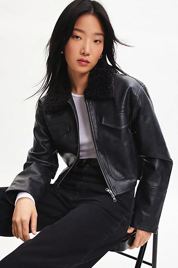 BDG Janine Faux Leather Cropped Aviator Jacket in Grey, Women's at Urban Outfitters | Urban Outfitters (US and RoW)