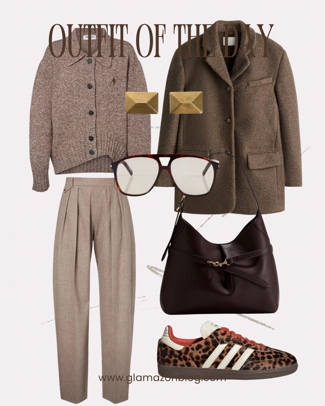 Warm outfit, brown trousers, wool blazer, leopard adidas, heaven mayhem earrings 

#LTKeurope #LTKwinter #LTKautumn