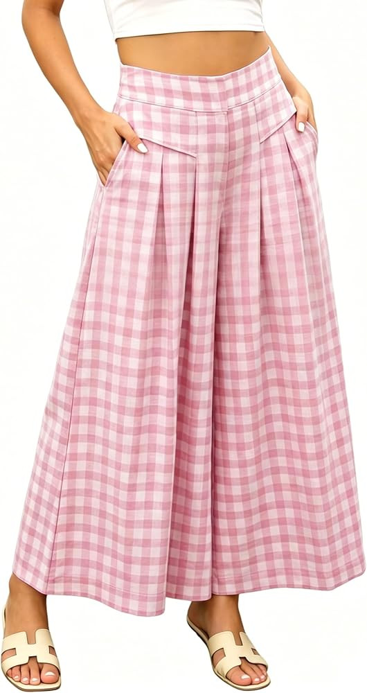 Athlisan Womens Summer Gingham Plaid Culottes Pants Elastic Waist Wide Leg Capri Pants Palazzo Tr... | Amazon (US)