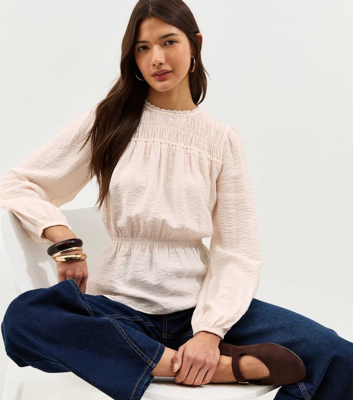 Off White Shirred Crew Neck Blouse | New Look | New Look (UK)