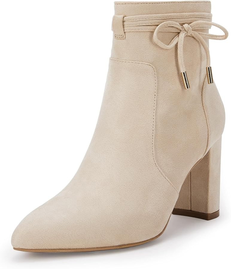Coutgo Womens Pointed Toe Ankle Boots Chunky Block Heel Tie Knot Side Zipper Dressy Booties | Amazon (US)