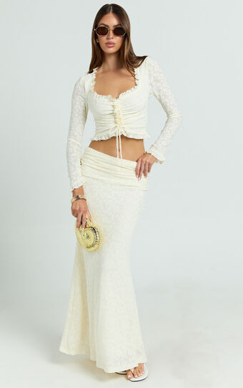 Gelyn Two Piece Set - Lace Ruffle Detail Long Sleeve Top and Maxi Skirt Set in Cream | Showpo (US, UK & Europe)
