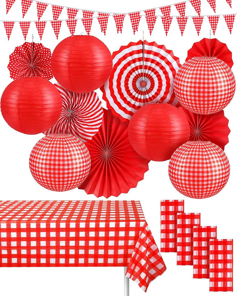 Hortsun 18 Pcs Picnic Party Decorations Set Include Red and White Checkered Gingham Pennant Banne... | Amazon (US)