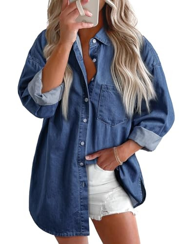 Astylish Ladies Denim Shirts for Women Trendy V Neck Button Down Long Sleeve Blouse Loose Fit Camp Shirts Navy Blue XX-Large | Amazon (US)
