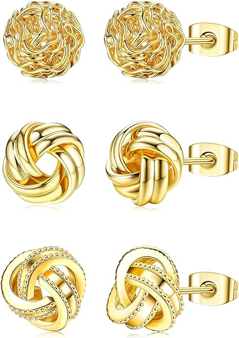 HAIAISO 3 Pairs 14K Gold Plated Knot Earrings For Women Hypoallergenic Small Stud Earring Woven B... | Amazon (US)