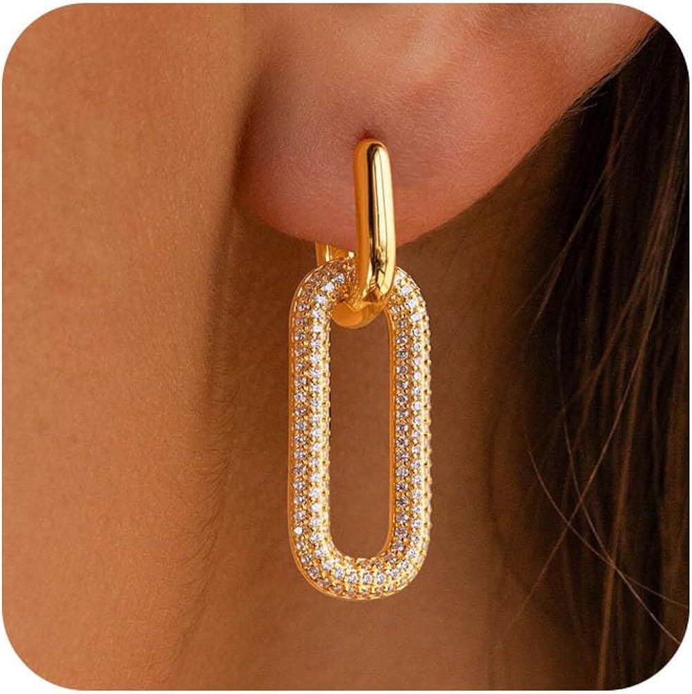 Gold Earrings for Women Trendy, Simple Dainty 14K Gold Plated Paperclip Square Chain Link Dangle ... | Amazon (US)