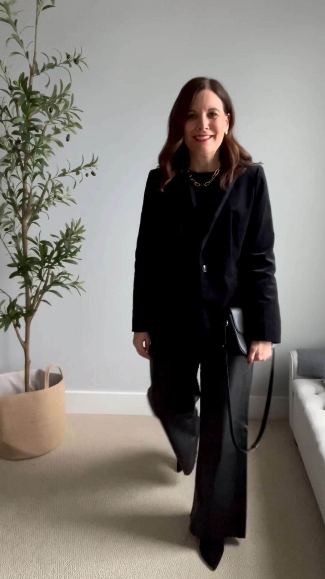 Velvet blazer & coated pants outfit: add an edge to your velvet blazer outfit by pairing it with leather pants. These coated pants from Kut From the Kloth fit tts. This blazer is old from J.Crew Factory. Similar options are linked. 

#LTKOver40 #LTKHoliday #LTKMidsize