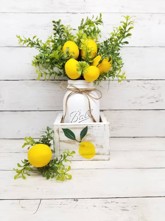 Lemon Mason Jar with Planter Box, Lemon Decor, Lemon Box, Lemon Weddings, Lemon Bridal Shower Dec... | Etsy (US)