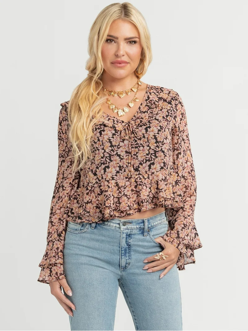 Jessica Simpson Women's Stayce Cropped Ruffle Top with Long Sleeves, Sizes XS-XL | Walmart (US)