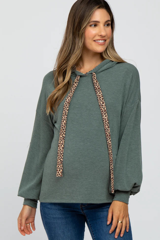 Olive Animal Print Drawstring Maternity Hooded Top | PinkBlush Maternity