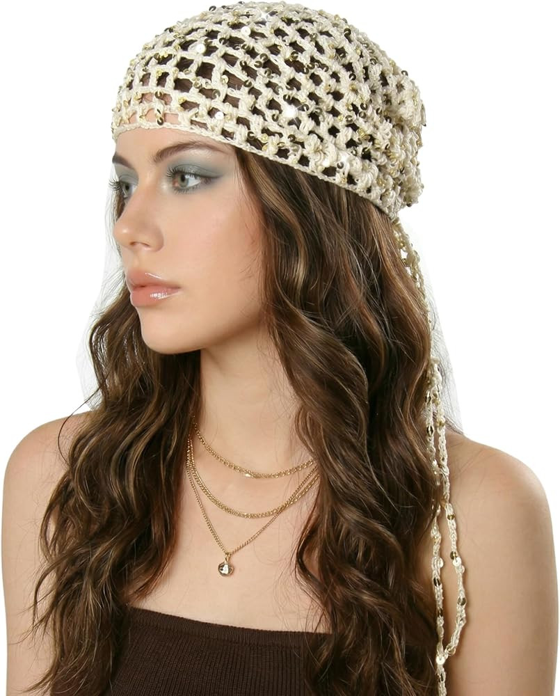 Ababalaya Crochet Cotton Head Scarf Boho Hollow Out Triangle Scarf with Shiny Sequin Y2K Hair Sca... | Amazon (US)