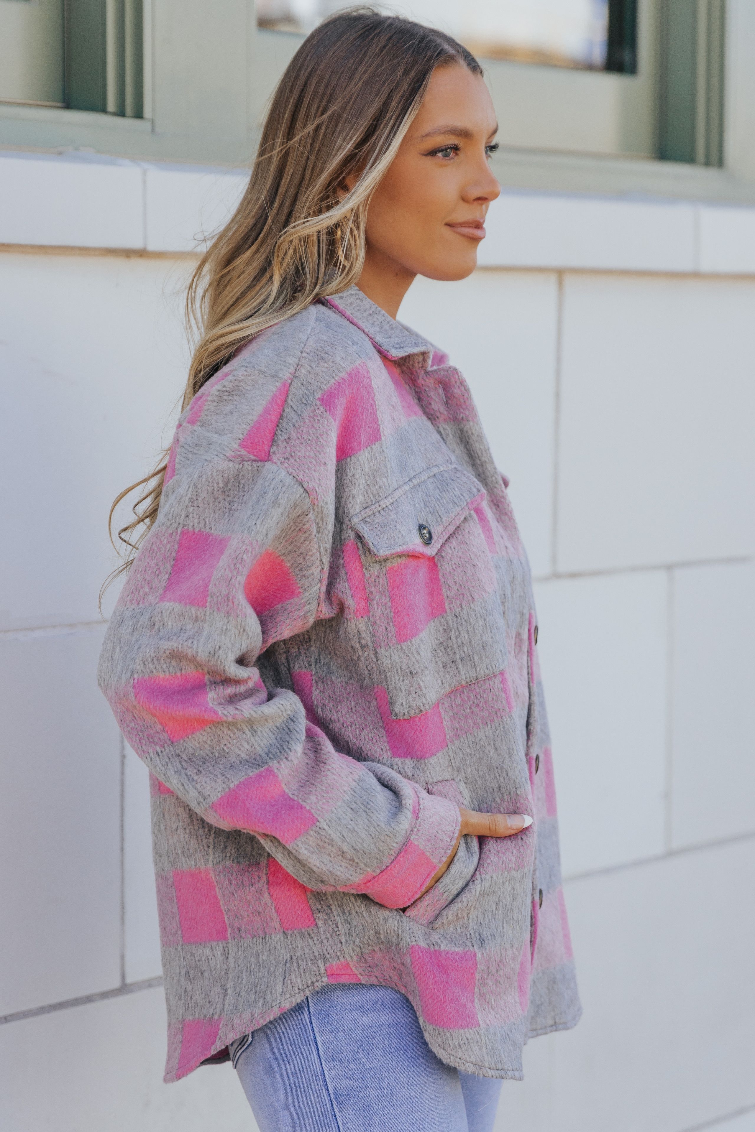 Simone Pink & Grey Plaid Flannel Shacket | Magnolia Boutique