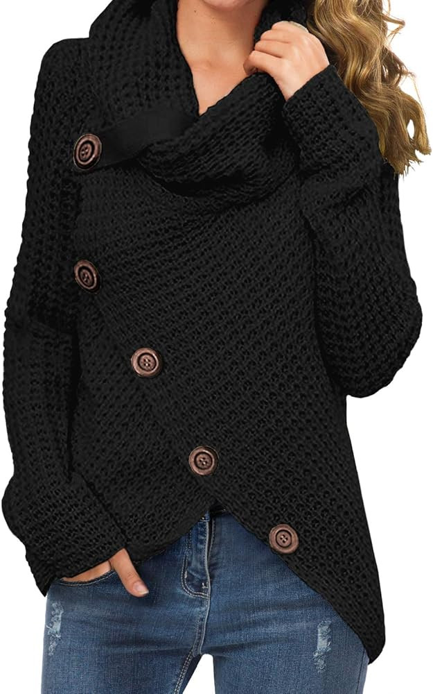 GRECERELLE Women's Casual Turtle Cowl Neck Asymmetric Hem Wrap Pullover Chunky Button Knit Sweate... | Amazon (US)