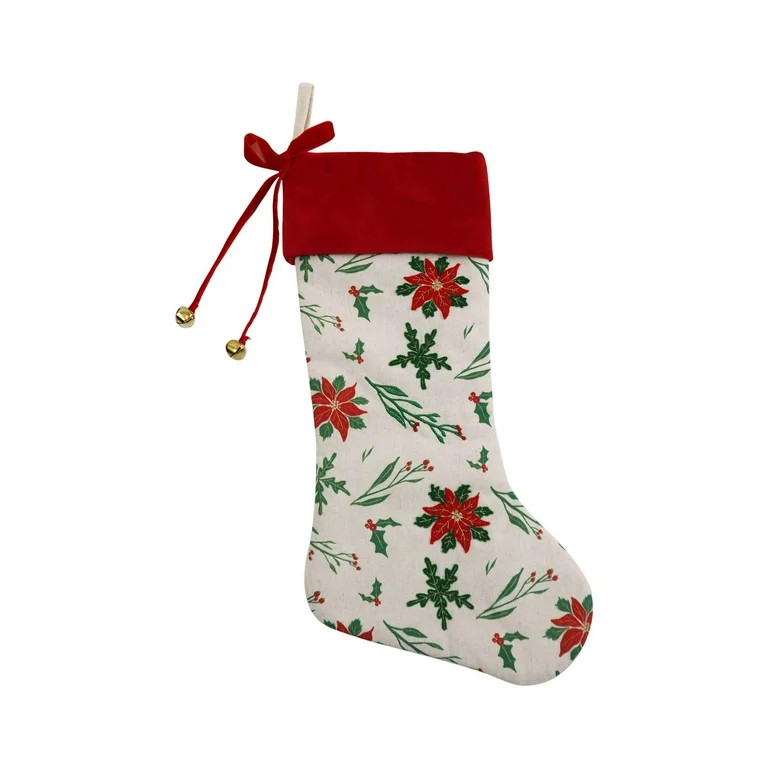 Linen Poinsettia Christmas Stocking, Red and White, 19", by Holiday Time | Walmart (US)