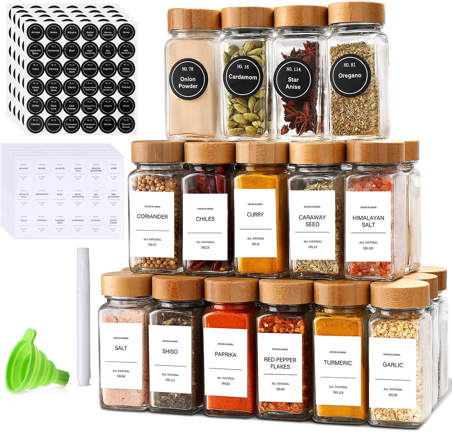 DIMBRAH Spice Jars with Label 24Pcs,Seasoning Containers,Glass Spice Jars with Bamboo Lids,Kitchen Essentials,Spices Container Set,Kitchen Set,Seasoning Organizer,A total of 96 oz | Amazon (US)