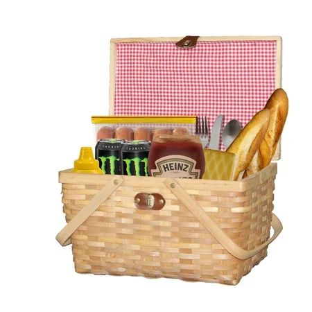 Gingham Lined Woodchip Picnic Basket With Lid and Movable Handles | Walmart (US)